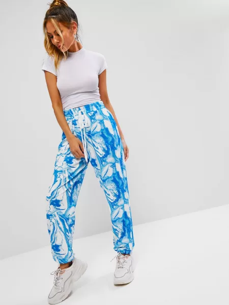 Agate Print Bowknot Toggle Drawstring Hem Pants