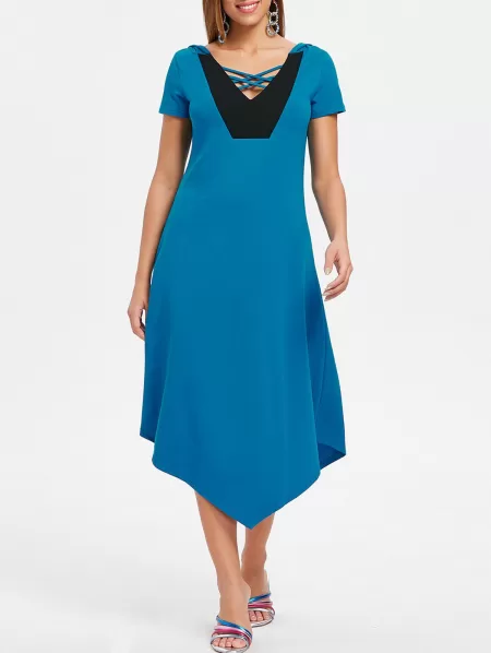 Asymmetrical Hooded Criss Cross Midi Dress