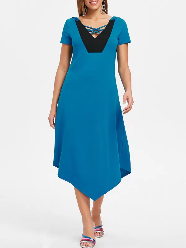 Asymmetrical Hooded Criss Cross Midi Dress