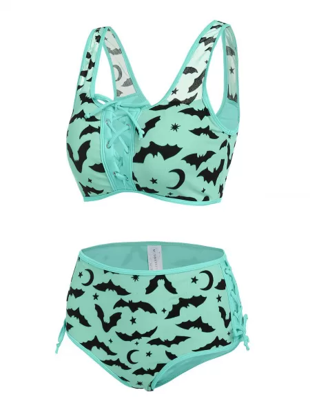 Bat Crescent Mesh Lace-up Padded Bikini Set