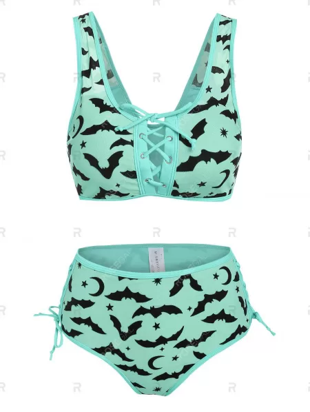 Bat Crescent Mesh Lace-up Padded Bikini Set