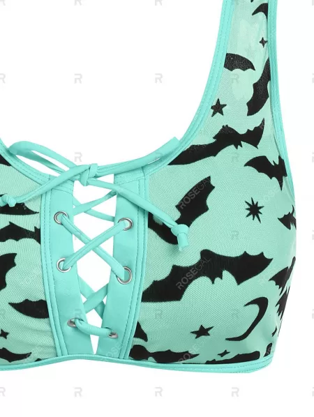 Bat Crescent Mesh Lace-up Padded Bikini Set