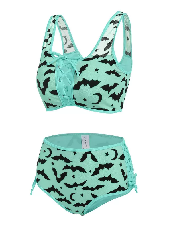 Bat Crescent Mesh Lace-up Padded Bikini Set