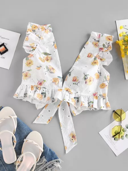 Broderie Anglaise Flower Print Ruffle Crop Blouse