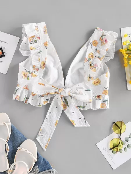Broderie Anglaise Flower Print Ruffle Crop Blouse