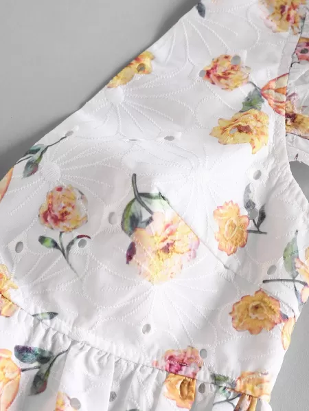 Broderie Anglaise Flower Print Ruffle Crop Blouse