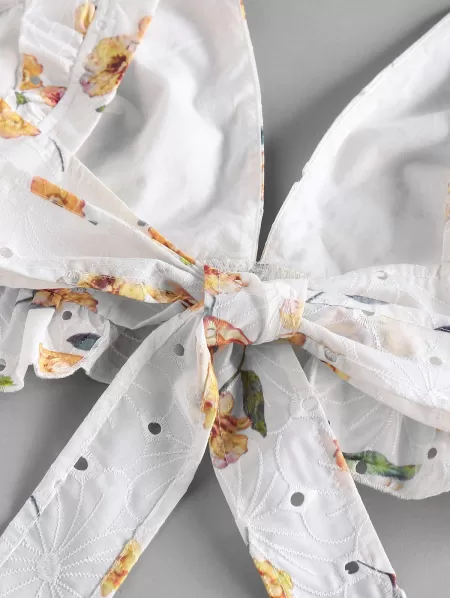 Broderie Anglaise Flower Print Ruffle Crop Blouse
