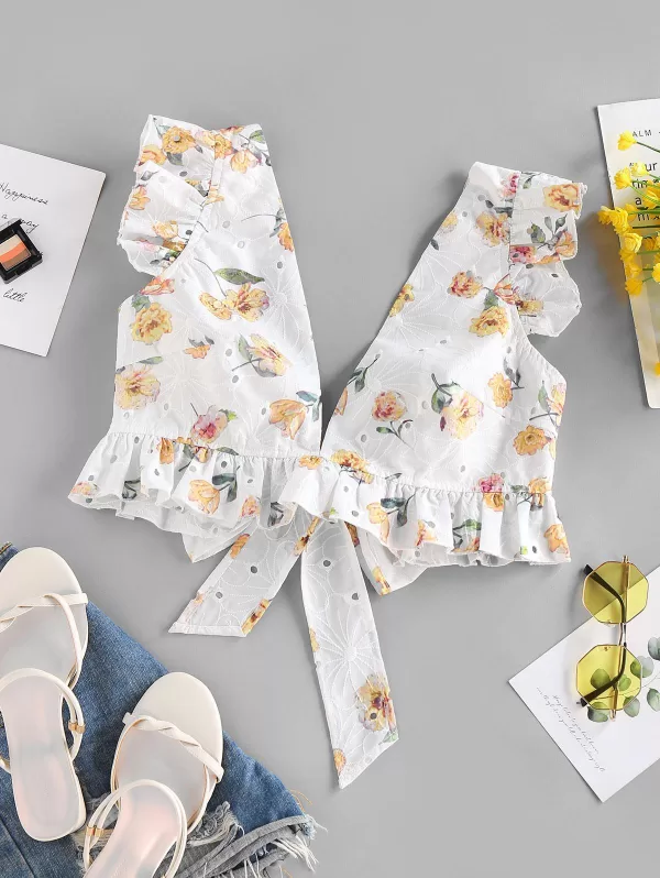 Broderie Anglaise Flower Print Ruffle Crop Blouse