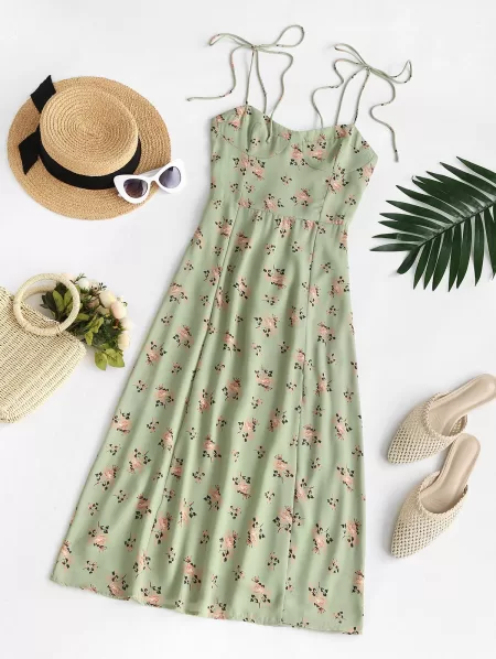 Bustier Front Slit Tie Shoulder Floral Dress