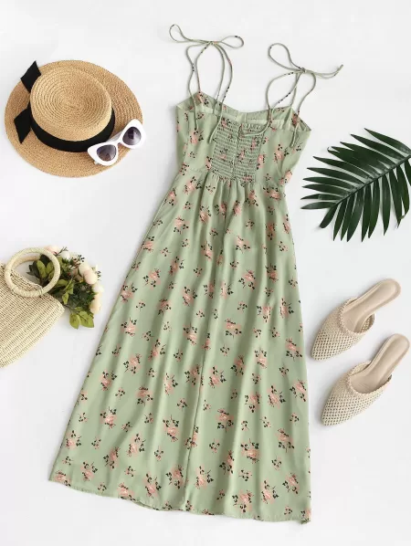 Bustier Front Slit Tie Shoulder Floral Dress