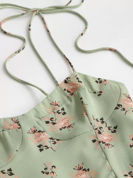 Bustier Front Slit Tie Shoulder Floral Dress