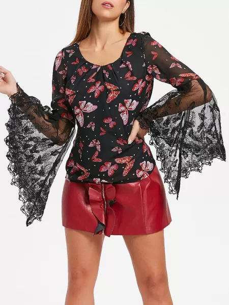 Butterfly Print Bell Sleeve Top