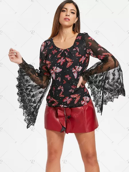 Butterfly Print Bell Sleeve Top
