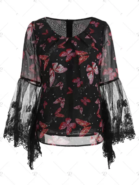 Butterfly Print Bell Sleeve Top