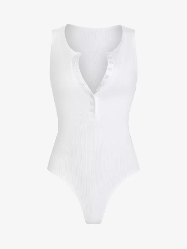 Button Front Ribbed Solid Bodysuit