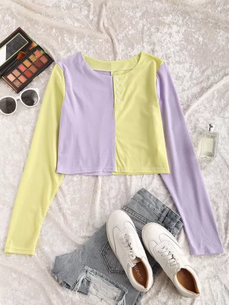 Button Front Two Tone Baby Tee