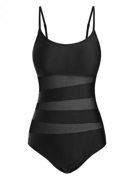 Cami Mesh Panel Solid One-piece Swimsuit