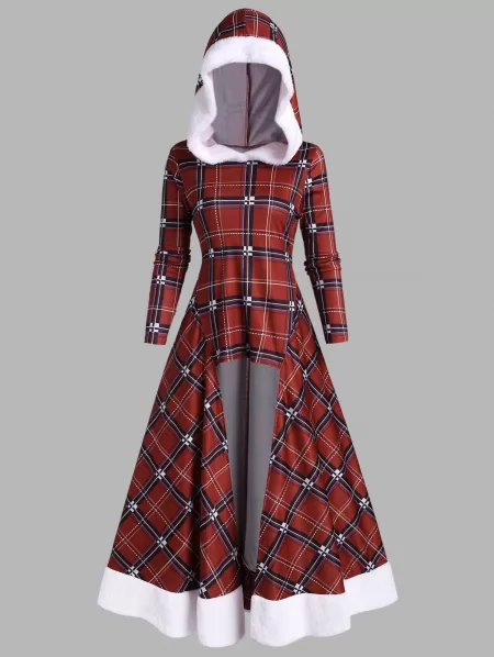 Christmas Faux Fur Insert Plaid High Low Long Top