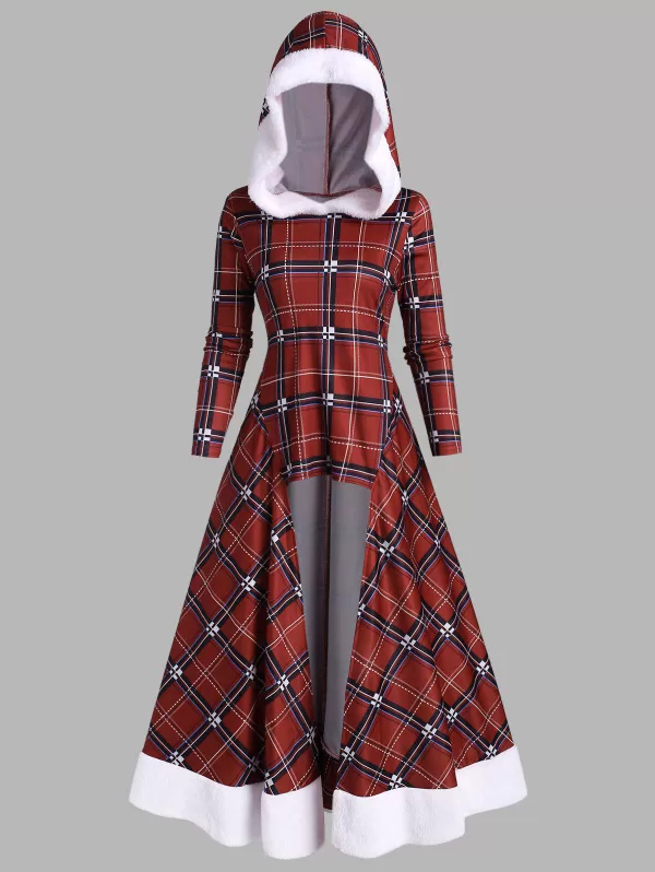 Christmas Faux Fur Insert Plaid High Low Long Top