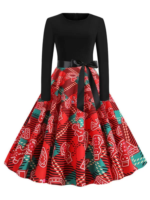 Christmas Santa Claus Penguin Plaid Belted Dress