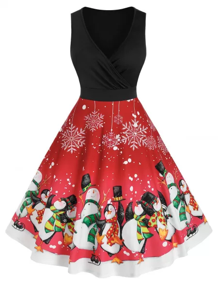 Christmas Snowman Print Surplice Dress