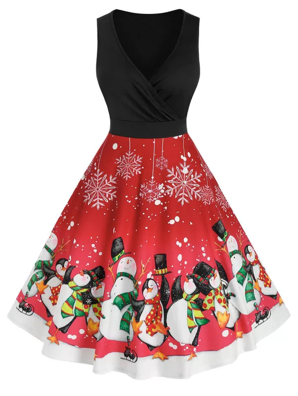 Christmas Snowman Print Surplice Dress