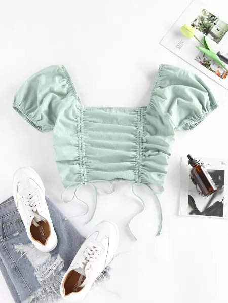 Cinched Smocked Puff Sleeve Crop T Shirt