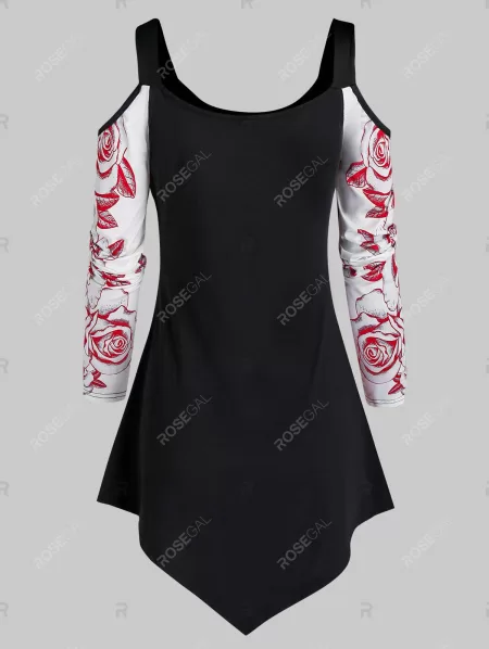 Cold Shoulder Floral Print Asymmetrical T Shirt