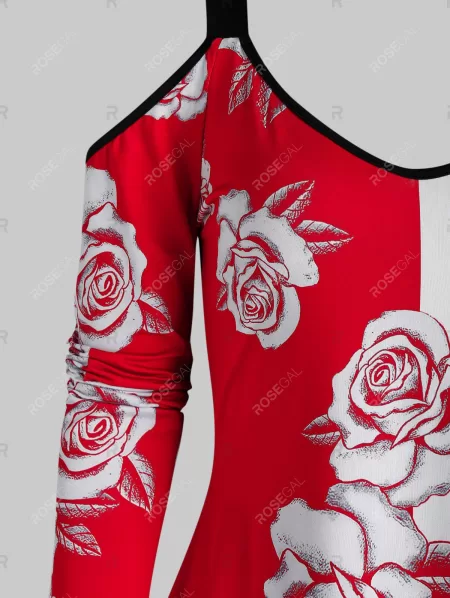 Cold Shoulder Floral Print Asymmetrical T Shirt