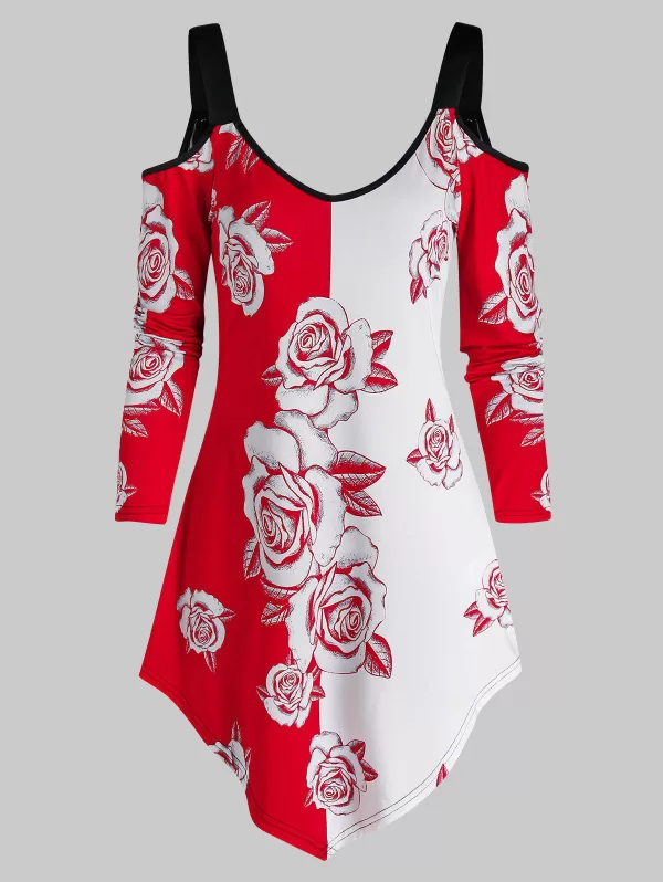 Cold Shoulder Floral Print Asymmetrical T Shirt
