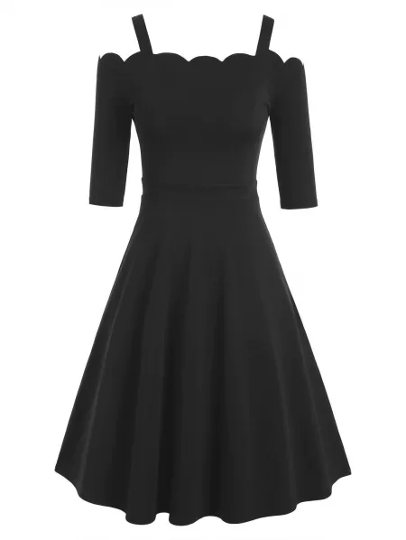 Cold Shoulder Scalloped Trim A Line Mid Calf Dress