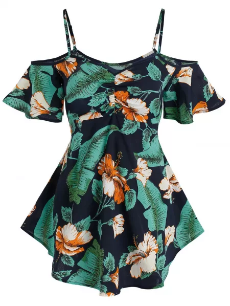 Cold Shoulder Tropical Flower Print T-shirt