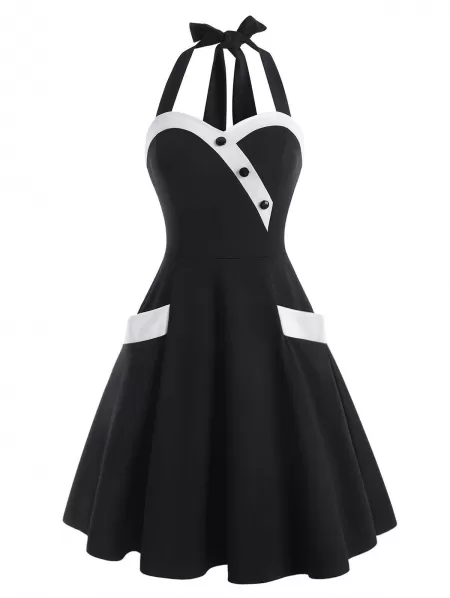Colorblock Halter Mock Button Pocket Dress