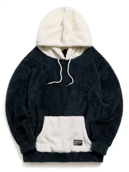 Colorblock Kangaroo Pocket Fluffy Hoodie