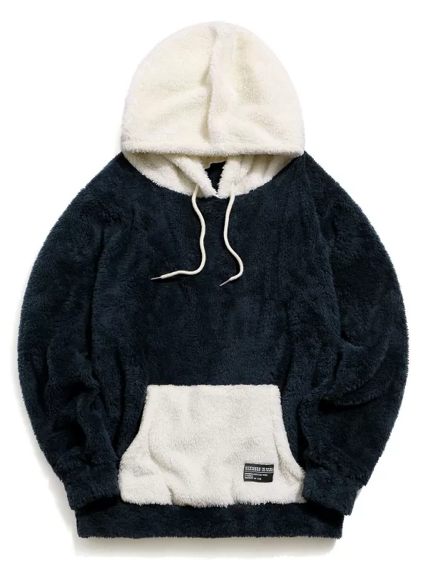 Colorblock Kangaroo Pocket Fluffy Hoodie