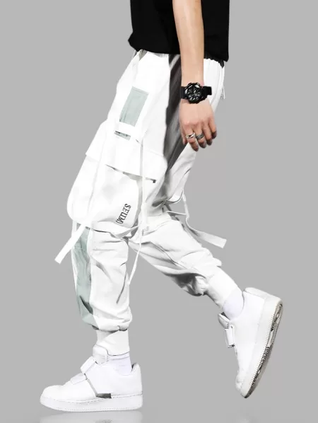 Colorblock Pockets Letter Print Drawstring Cargo Shorts