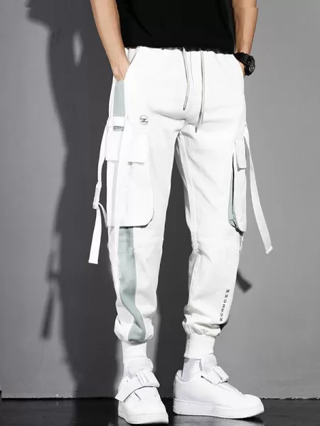 Colorblock Pockets Letter Print Drawstring Cargo Shorts