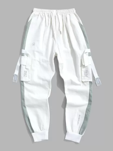 Colorblock Pockets Letter Print Drawstring Cargo Shorts