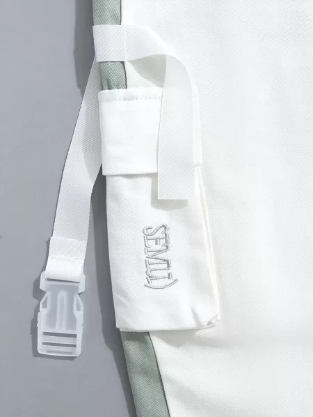 Colorblock Pockets Letter Print Drawstring Cargo Shorts