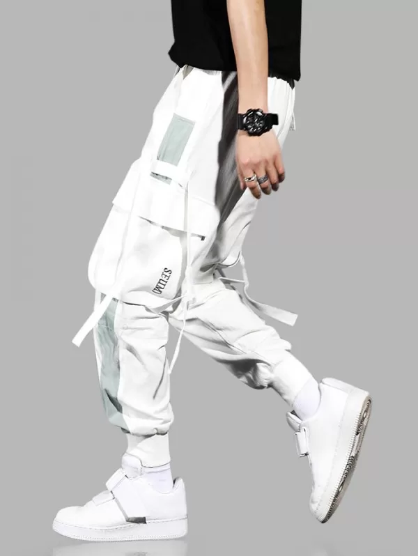 Colorblock Pockets Letter Print Drawstring Cargo Shorts