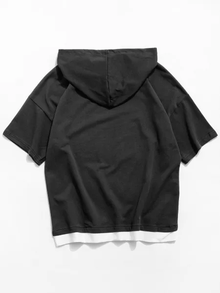 Colorblock Spliced Short Sleeve Hooded T-shirt
