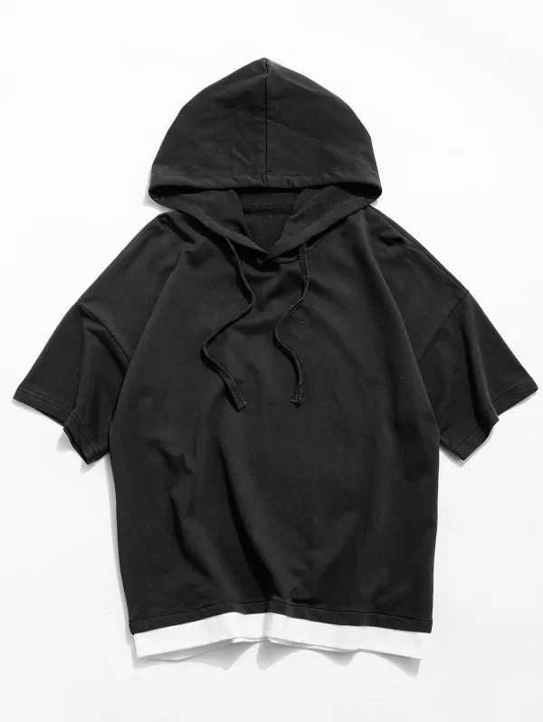 Colorblock Spliced Short Sleeve Hooded T-shirt