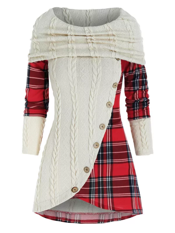 Contrast Checked Insert Mock Button Cowl Neck Knitwear