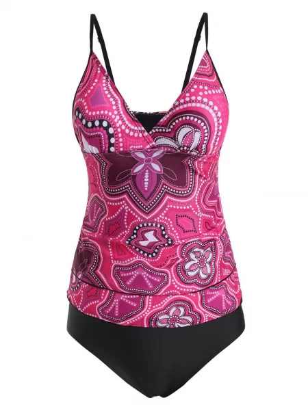 Contrast Dotted Printed Surplice Tankini Swimwear