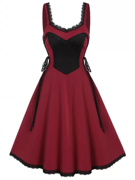 Contrast Lace Trim Lace Up Cami A Line Dress