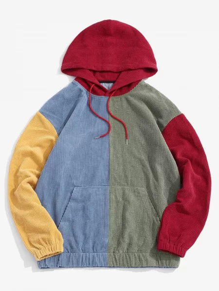 Corduroy Color Blocking Patchwork Hoodie