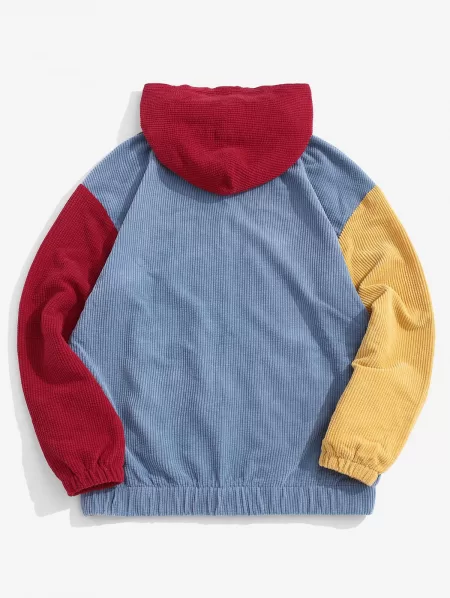 Corduroy Color Blocking Patchwork Hoodie