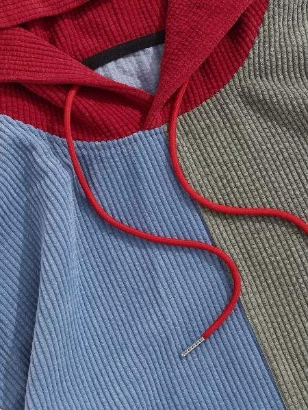 Corduroy Color Blocking Patchwork Hoodie