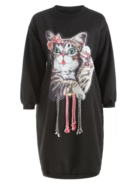 Crew Neck Cat Print Beaded Long Sweatshirt
