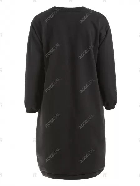 Crew Neck Cat Print Beaded Long Sweatshirt